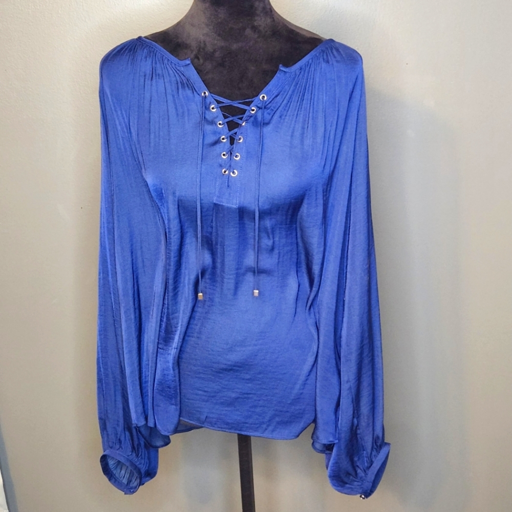 Jennifer Lopez Blue Lace-up Neckline Blouse